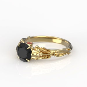 Edwardian 1 carat Skull Engagement Ring Black Moissanite with Lab Ruby Alternative Viking Gothic Engagement Ring image 7
