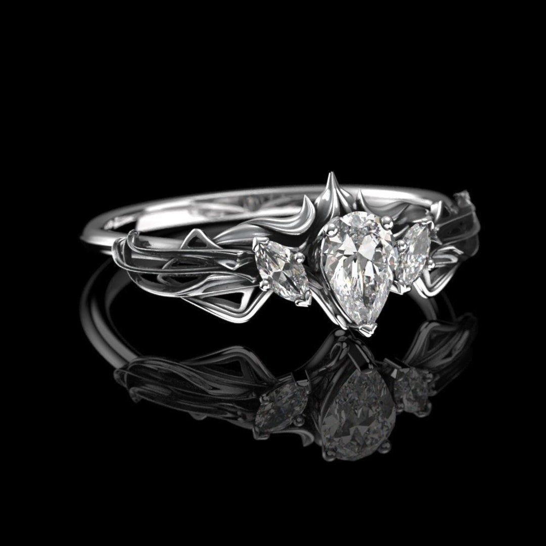 Gold Elf Crown Engagement Ring With Moissanite Art Nouveau