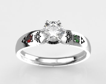 Geeky 6 Claw Fantasy Ring - Zelda Inspired Ring with certified Moissanite, garnet, and emerald