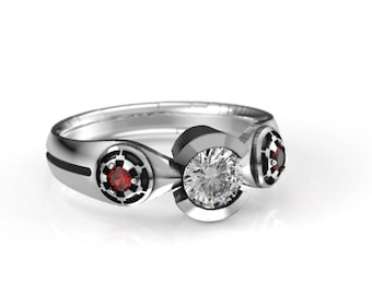 Star Wars Impirial Engagement Ring- Silver or Gold With Moissanite and Lab Ruby- Engraved Lightsaber Ring