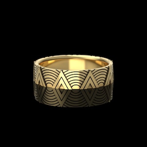 Silver or Gold Art Deco Unisex Wedding Band -  Minimalist 5mm Ring with geometric pattern