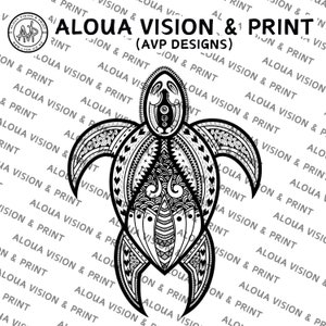 Op de afbeelding: Zwart-witte lijntekening van een schildpad met ingewikkelde patronen op zijn schild en lichaam. De schildpad is omringd door de tekst "aloua vision & print (avp designs)".