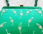 Green Satin Beaded Soure' Purse Vintage