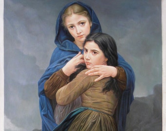 Far from Home - William Bouguereau hand-painted oil painting reproduction, Two Sisters Portraits,living room wall art,Two Girls on the Beach