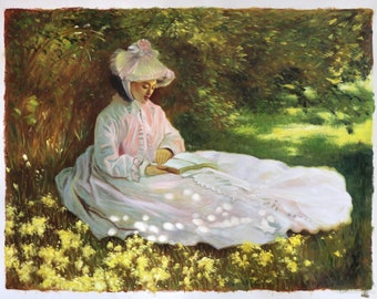 読書家 - クロード・モネの手描きの油絵、春の風景、ライラック色の花