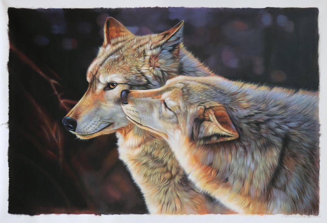 恋するオオカミのカップルの肖像画 - 高品質の手描きの油絵、オオカミ愛好家アート、野生のオオカミ、現代の動物の壁の美術装飾 - Etsy 日本, image size:1080x739