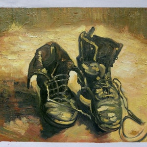 A Pair of Shoes - Vincent van Gogh hand-painted oil painting reproduction, old leather shoes, worn work boots, bedroom wall art decorations