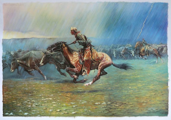 スタンピード - フレデリック・レミントンの手描き油絵複製、雨嵐の夜