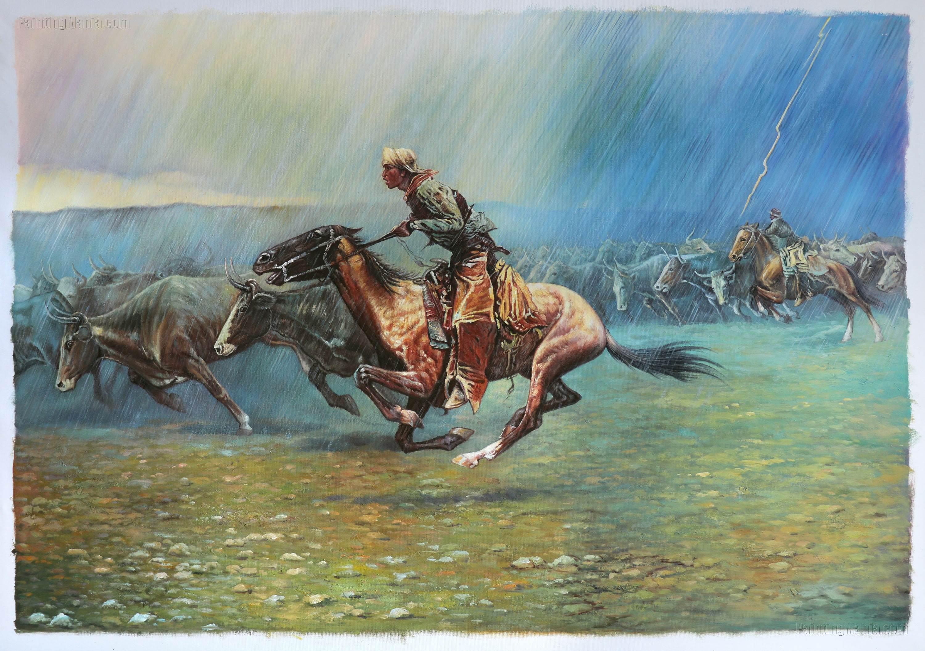 スタンピード - フレデリック・レミントンの手描き油絵複製、雨嵐の夜