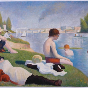 Bathing at Asnieres - George Seurat hand-painted oil painting reproduction,Sunbath on River Seine Beach,living room large vibrant wall art