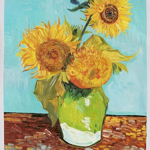 Three Sunflowers in a Vase - Vincent van Gogh hand-painted oil painting reproduction, still life vase of flowers, office wall art decoration