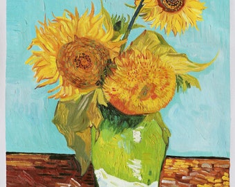 花瓶に入った3本のひまわり - ヴィンセント・ヴァン・ゴッホの手描きの