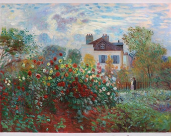 Monet's Garden at Argenteuil - Claude Monet hand-painted oil painting reproduction, vibrant blossoming flower garden landscape in bright sun
