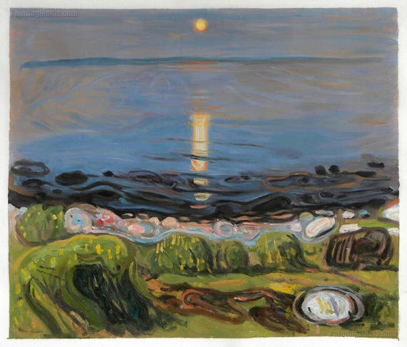 夏の夜の浜辺 - エドヴァルド・ムンクの手描き油絵複製、静かな海岸