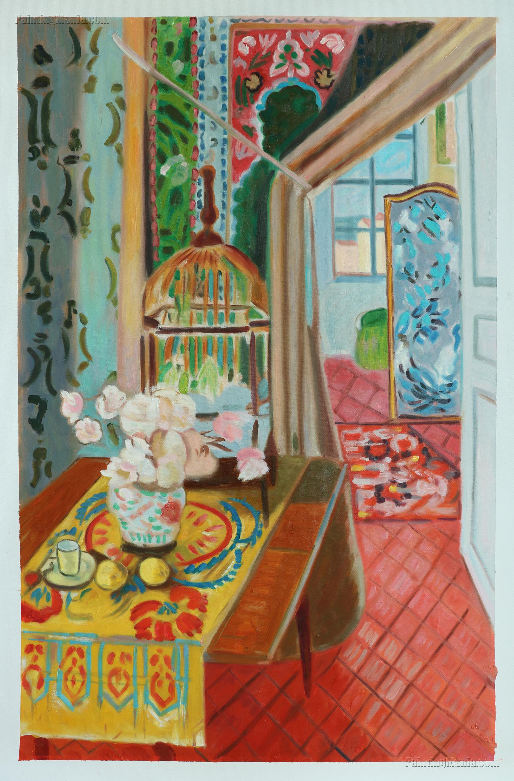 Interior, Flowers and Parakeets - Henri Matisse Hand-painted Oil