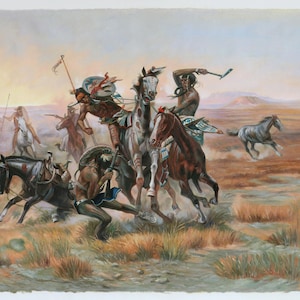 When Blackfeet and Sioux Meet - Charles M. Russell handgeschilderde olieverfschilderij replica, Noordwest-indianen vechtkunst, Indiaan