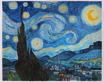 The Starry Night - Vincent van Gogh hand-painted oil painting reproduction, cypress and village church in nocturne moon landscape famous art