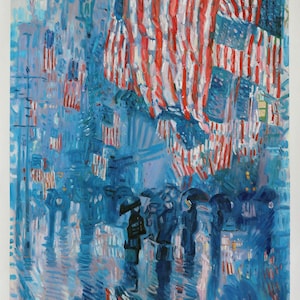 The Avenue in the Rain - Frederick Childe Hassam hand-painted oil painting reproduction, American flag-decorated streets, Office wall decor