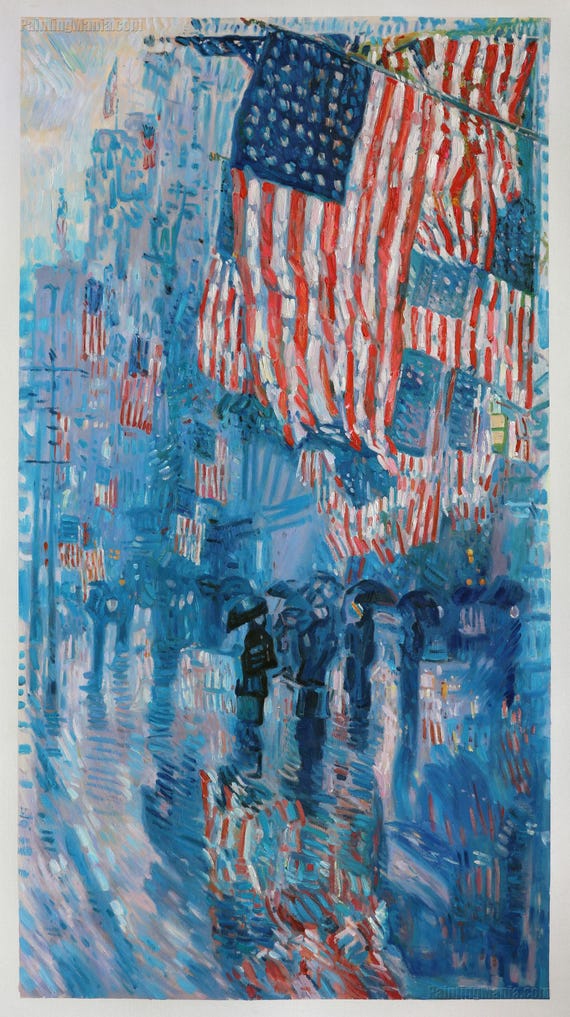 絵画 Riverocean 雨の街路 - フレデリック・チャイルド・ハッサムの手描き油絵