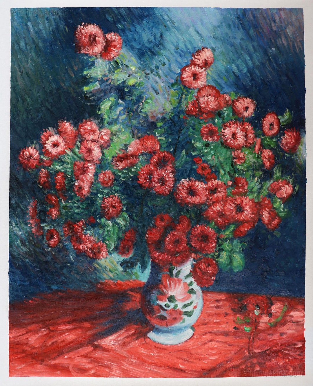 赤い菊 - クロード・モネの手描き油絵複製、花瓶の花、花束