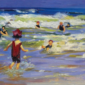 Puede incluir: Una pintura de personas nadando en el océano. El agua es azul y verde, y hay olas blancas. Las personas llevan trajes de baño y algunas tienen sombreros rojos.