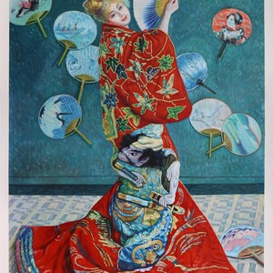 May include: A vibrant painting depicts a woman in a red kimono with gold embroidery, holding a fan. The background features various hand fans and a figure in a blue and gold costume. The artwork has a vintage aesthetic.