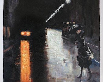 夜の街の風景、ベルリン - レッサー・ウリーによる手描きの油絵複製