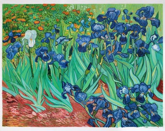 Irises (Getty) - Vincent van Gogh hand-painted oil painting reproduction, vivid color blue flower garden scene, living room wall art decor