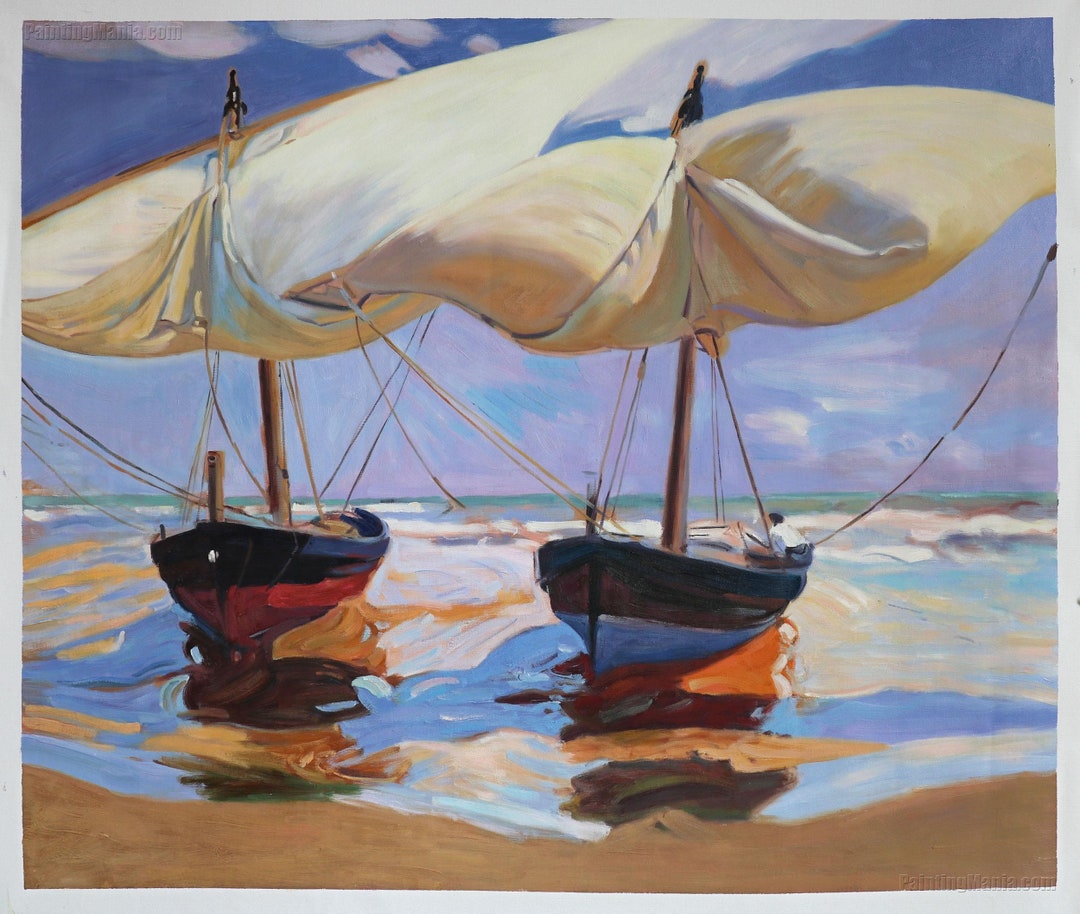 油彩画　作品:yacht（ヨット）帆船　金色背景 F0号サイズ 浜辺のボート - ホアキン・ソローリャ・イ・バスティーダの