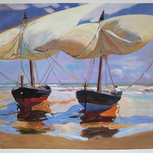 Beached Boats - Joaquin Sorolla y Bastida hand-painted oil painting replica, beach sailboats, coastal landscape, beautiful seascape decor