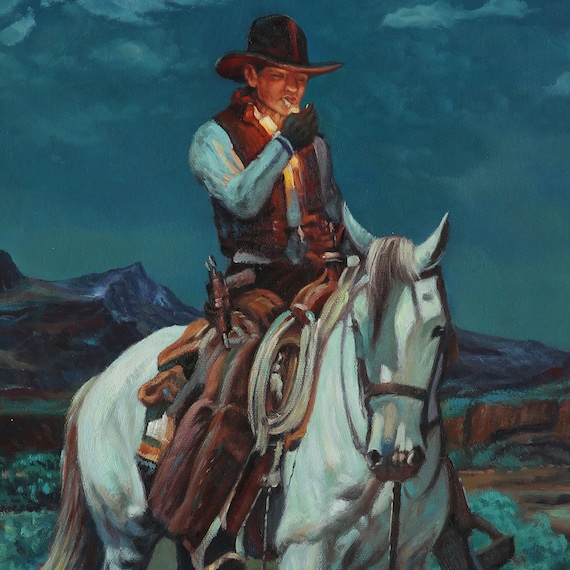 cowboy lighting a cigarette A Light in the Night - Frank Tenney Johnson Hand-painted Oil Painting  Reproduction, Smoking Cowboy, Old West Snow-covered Mountain Peak Art
