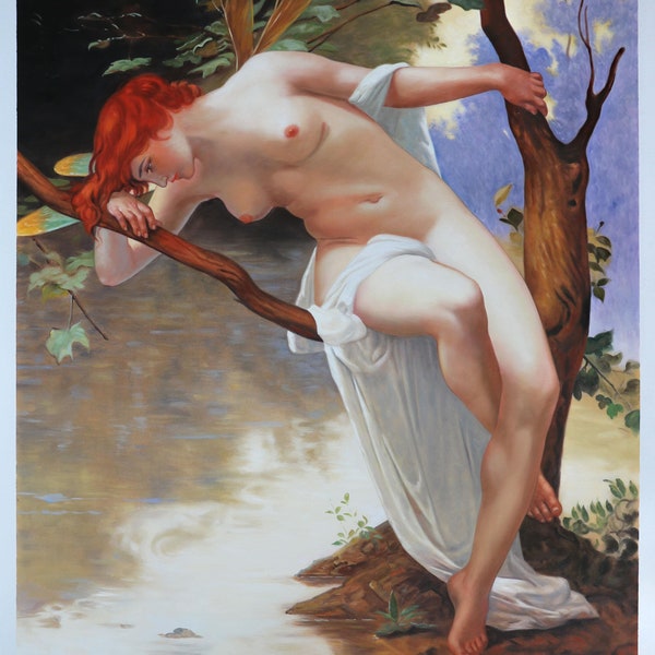 Libelle (La Libellule) - Guillaume Seignac handgemalte Ölgemälde Reproduktion, Schönes nacktes Mädchen auf Baum, Schlafzimmer Wandkunst, Vorrätig