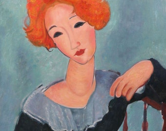 赤毛の女性 - アメデオ・モディリアーニの手描き油絵複製、椅子