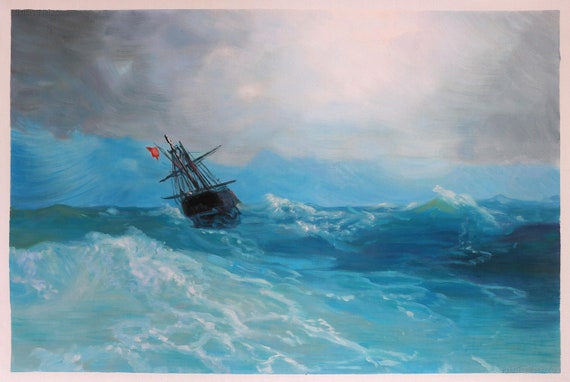 船の風景 油彩画 27cm25cm 嵐の到来 - イヴァン・アイヴァゾフスキーの手描きの油絵の複製、嵐の