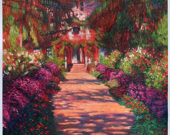 Pathway in Monet's Garden at Giverny - Claude Monet hand-painted oil painting reproduction, spruce, cypress trees and blooming irises flower