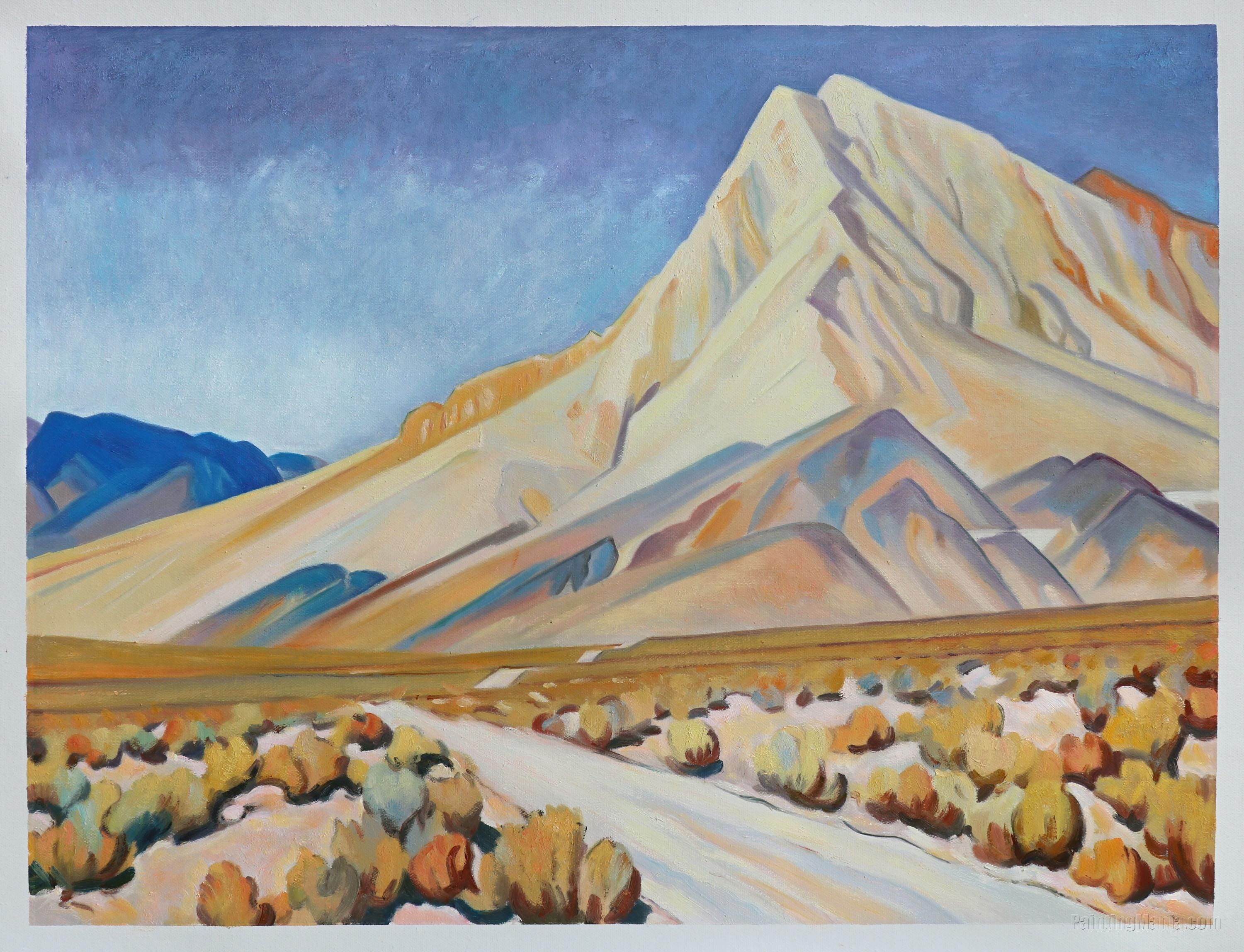 Elements of Nevada - Maynard Dixon hand-painted oil painting replica, American West desert mountain peak cottonwood trees striking landscape