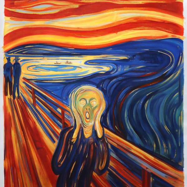 The Scream 1893 - Edvard Munch hand-painted oil painting reproduction, Frieze of Life, Blood Red Sky, Kristiania Fjord,tumultuous orange sky