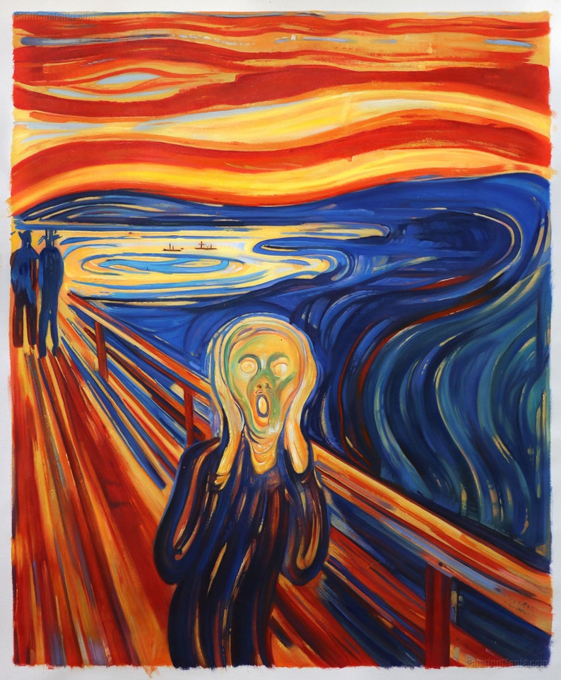 The Scream 1893 Edvard Munch hand-painted oil painting reproduction, Frieze of Life, Blood Red Sky, Kristiania Fjord,tumultuous orange sky image 1