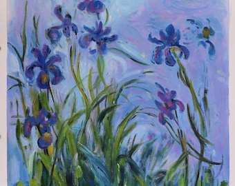 Lilac Irises - Claude Monet hand-painted oil painting reproduction, Romantic Vivid Color Purple Flowers in Landscape, bedroom decor fine art