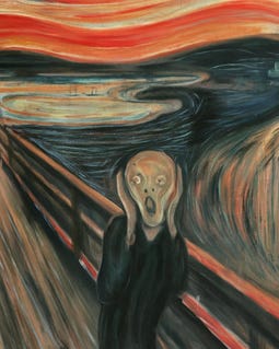叫び - エドヴァルド・ムンクの手描き油絵複製、夕焼けの血のように