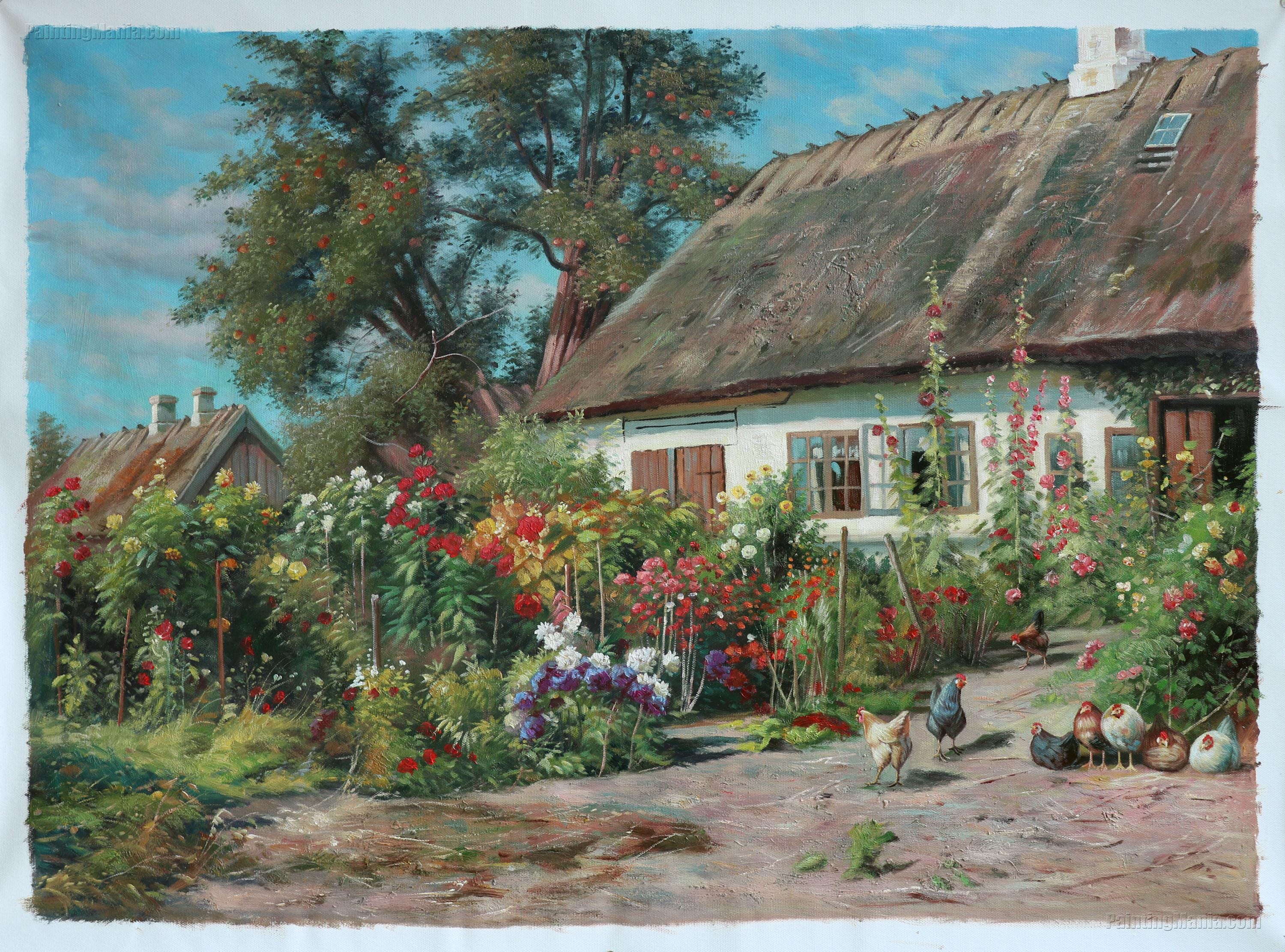 A Cottage Garden With Chickens - Peder Mork Monsted Hand-painted