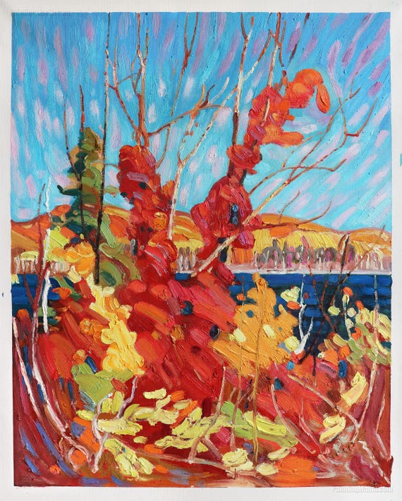 ☆油彩画 見事な紅葉 「湖上」 BY 【油絵】【紅葉】 #油絵 #手書き