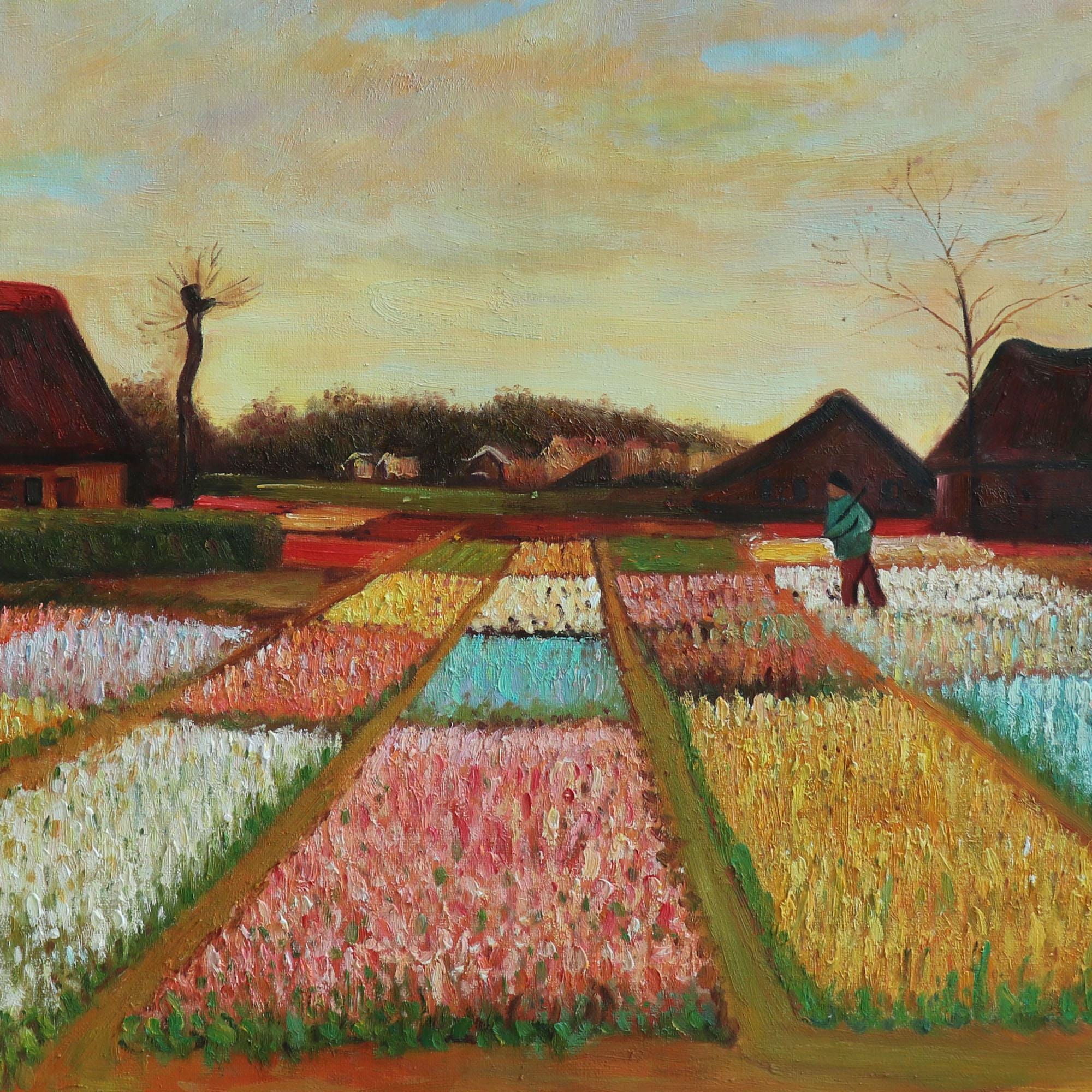 絵画 肉筆手描き オランダ油彩　ファン・ゴッホ「お花」サインF6サイズ　額装済み 球根畑（オランダの花壇） - フィンセント・ファン・ゴッホの手描き