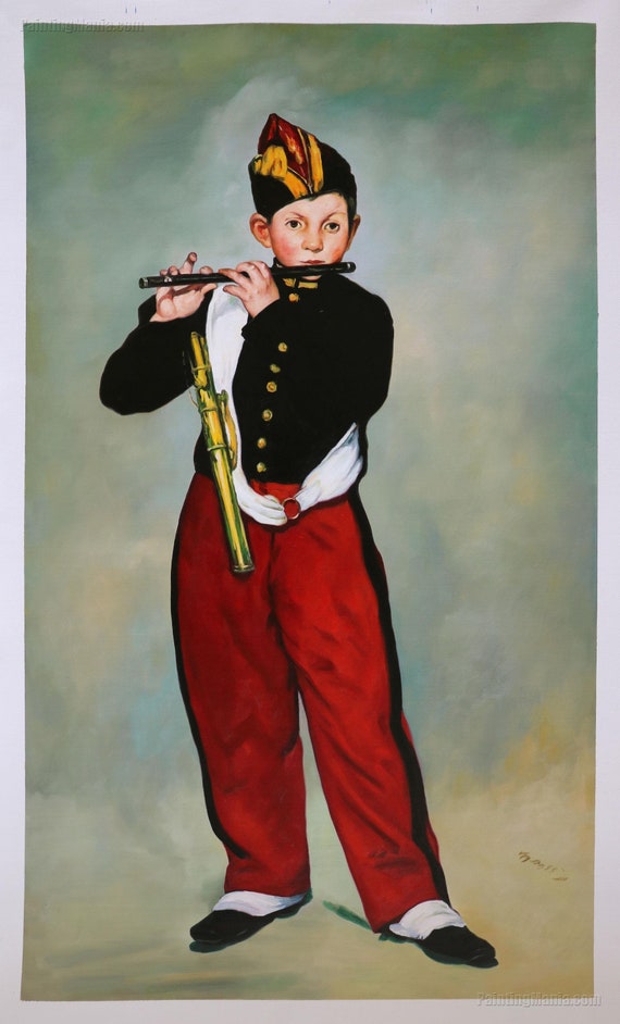 笛吹き男 - エドゥアール・マネの手描き油絵複製、演奏する少年の