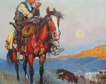 馬に乗ったカウボーイ牧場主 - フィリップ グッドウィンの手描き油絵