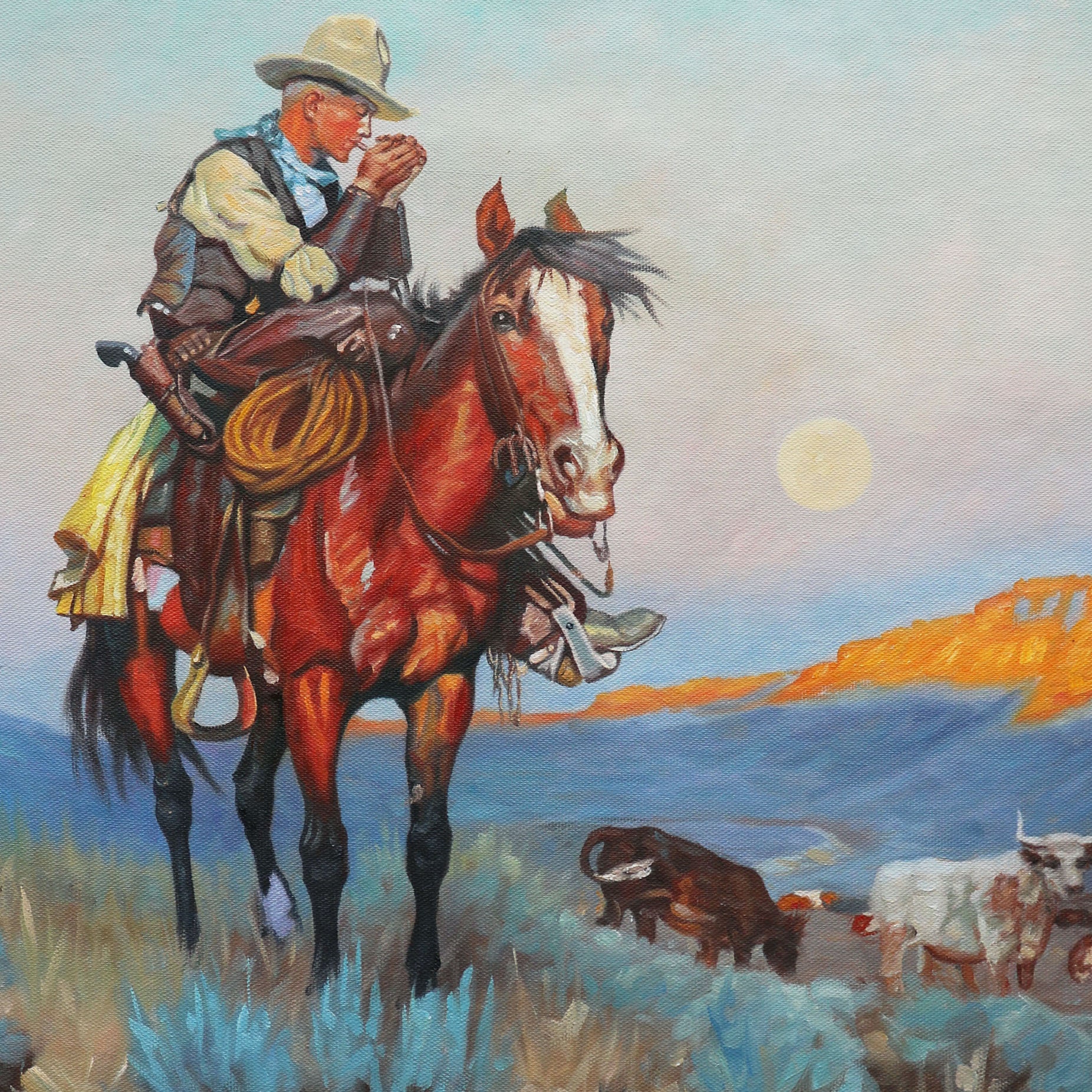 馬に乗ったカウボーイ牧場主 - フィリップ グッドウィンの手描き油絵