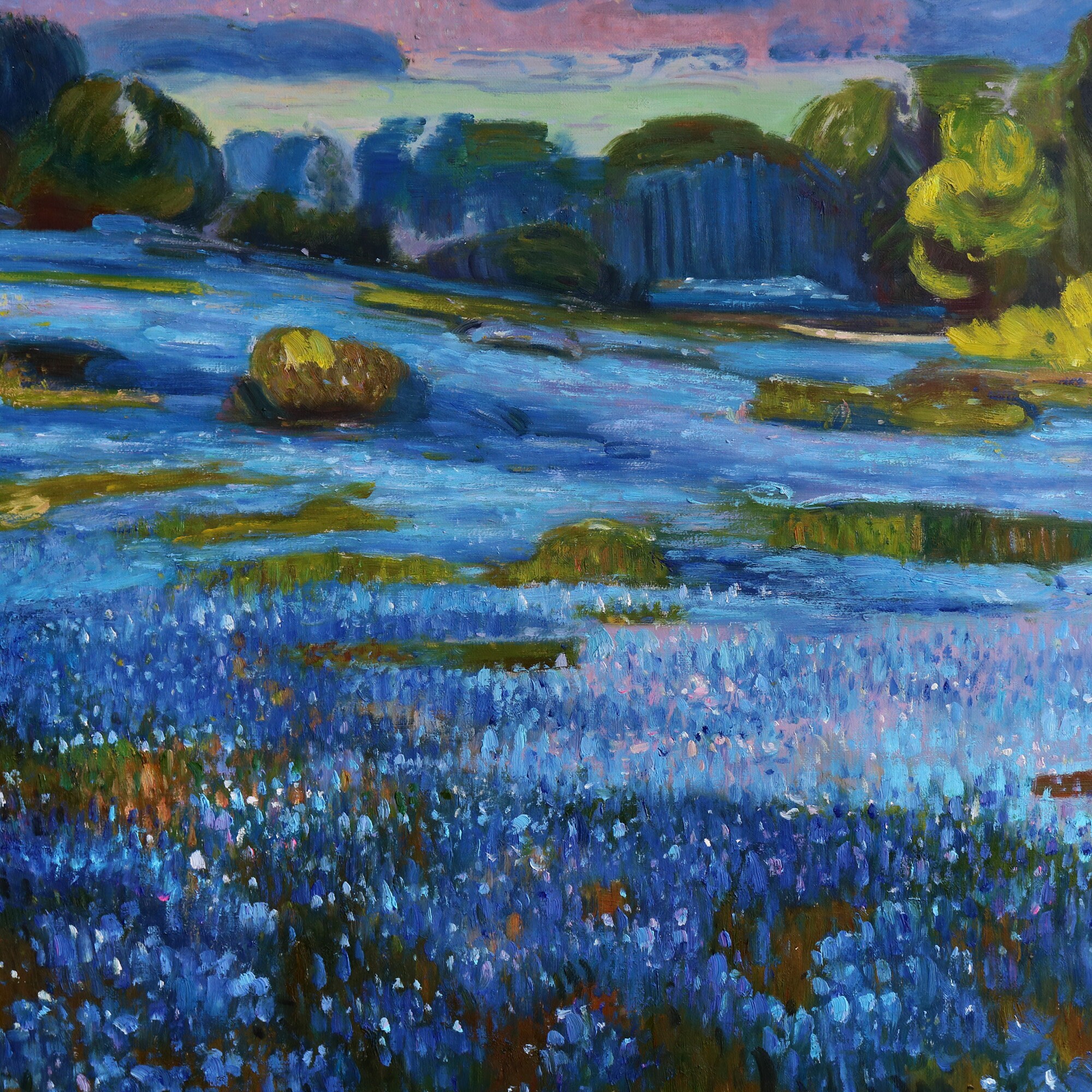 【F4号】good blue(spelling) 油絵 oil painting Bluebonnets, Late Afternoon, North of San Antonio - Julian