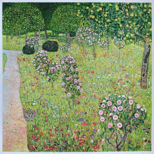 Orchard with Roses (Obstgarten mit Rosen) - Gustav Klimt hand-painted oil painting replica, flowering fruit trees, blossoming landscape art