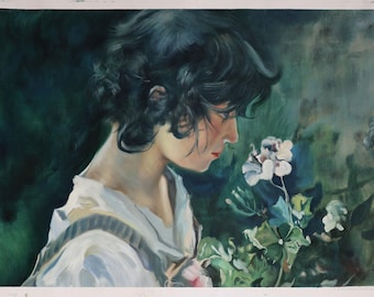 Chica italiana con flores - Joaquín Sorolla y Bastida reproducción de pintura al óleo pintada a mano, retrato de niña con ramo de flores, arte interior