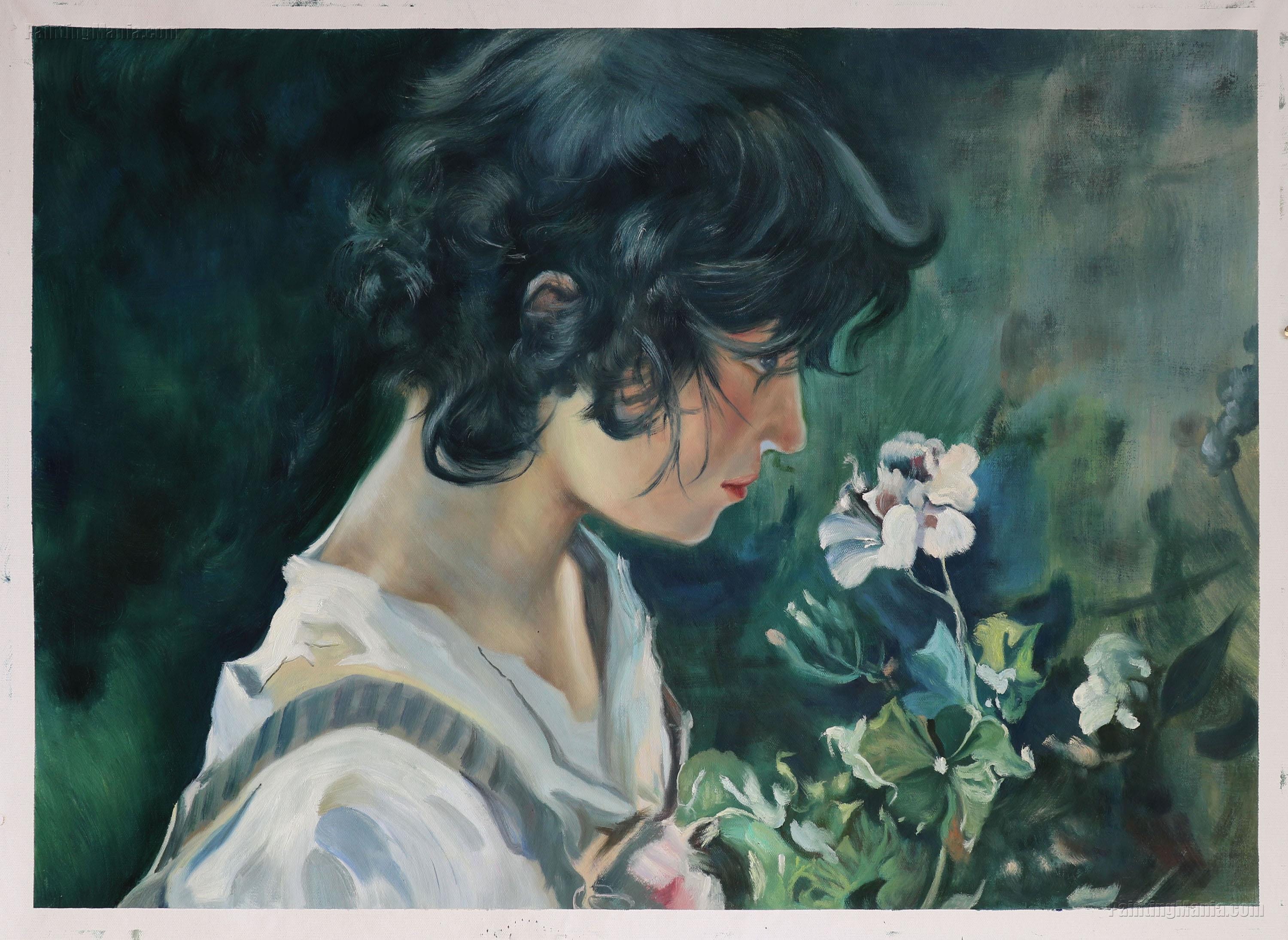 絵画　花を抱く女（ひと） 花を持つイタリアの少女 - ホアキン・ソローリャ・イ・バス